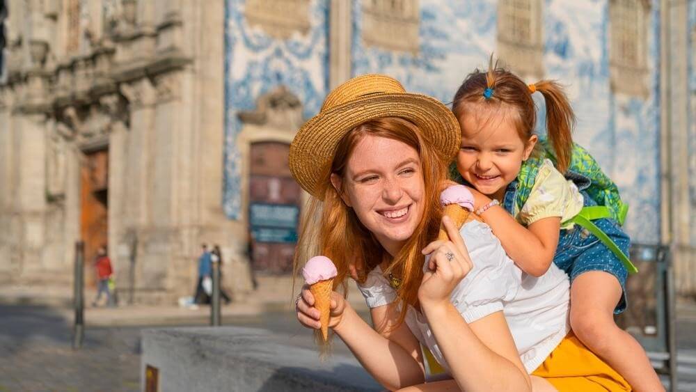 mother and daughter eating icecream